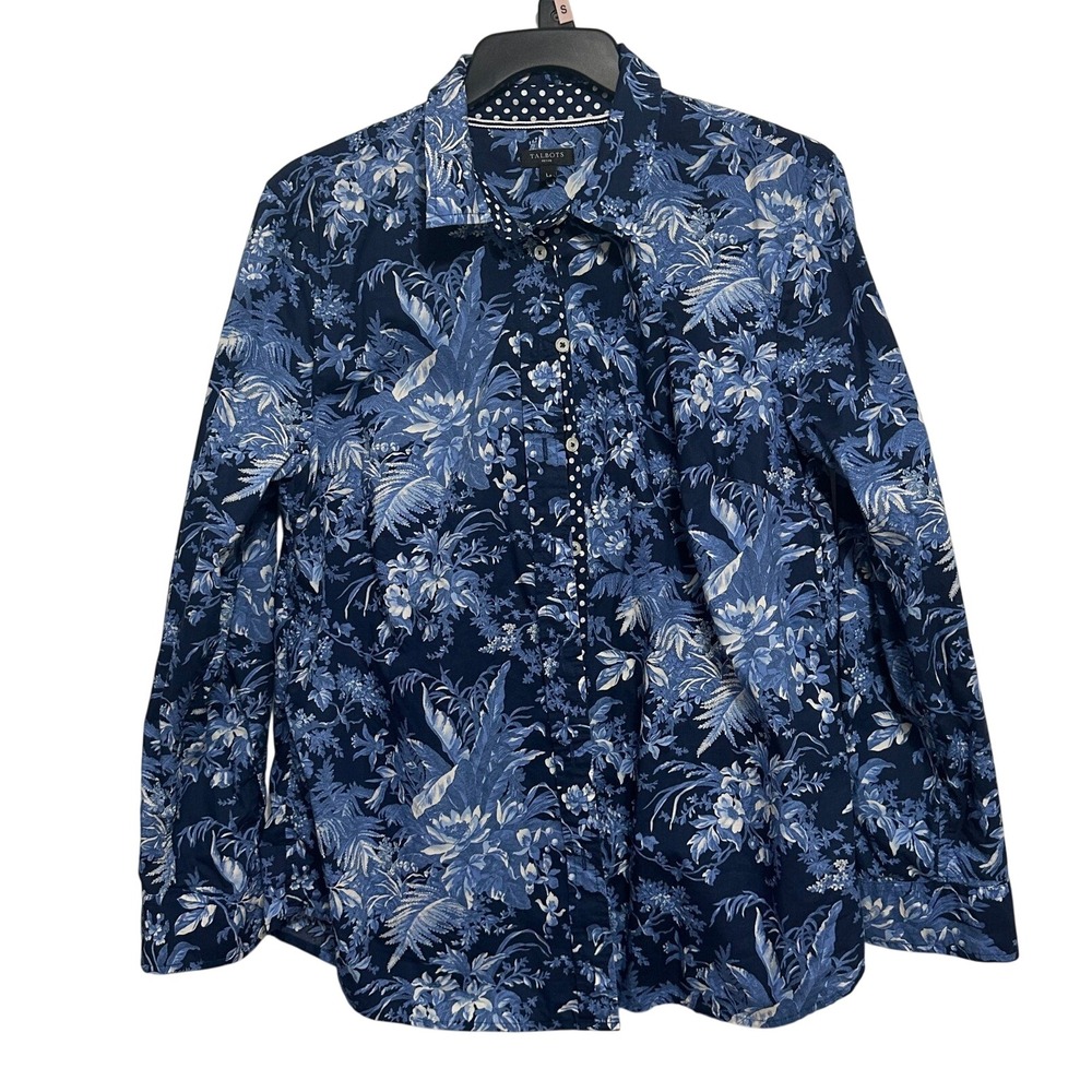 Talbots Button Down Shirt Womens Blue Tropical Floral Cotton Petite LP